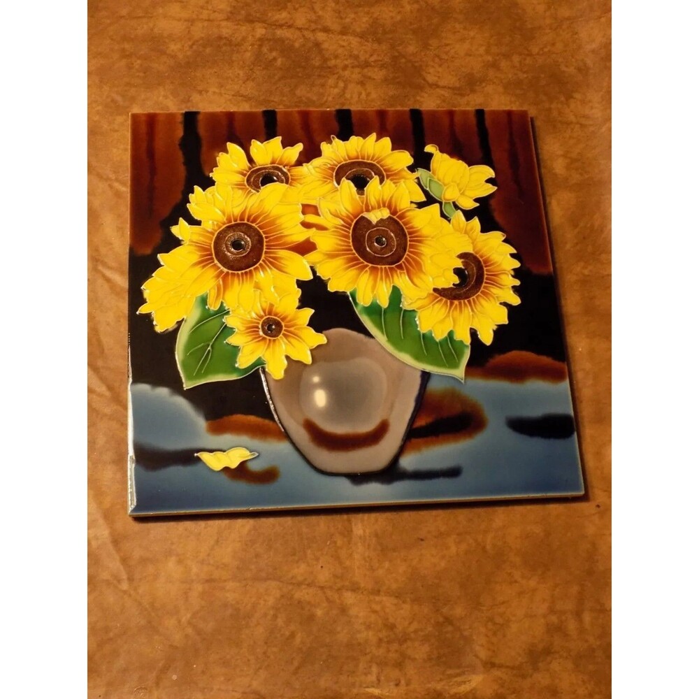 Painted Ceramic Porcelain Art Yellow Sunflowers Vase Large Wall Tile Decor
